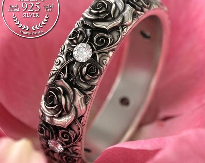 14K White Gold Rose Wedding Ring, Moissanite & Rose Gold Woman's Ring, Platinum Rose Bridal Ring, Art Nouveau Flower Jewelry, 5226