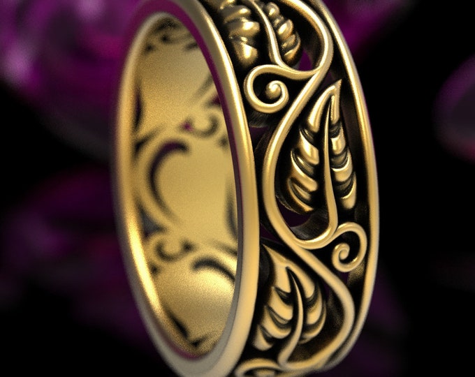 Swirl Leaf Wedding Band, Gold Leaf Ring, White Gold Leaf Ring, Art Nouveau Swirl Ring, Gold Nature Wedding Ring, Antique Swirl Ring, 1627