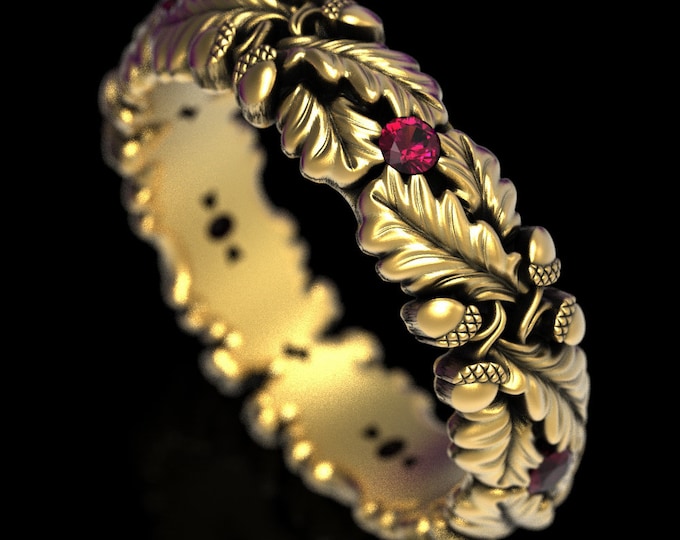 Ruby Oak Ring, Gold Art Nouveau Ring, White Gold Wedding Ring, Oak Tree Ring, Magic Ring, Forest Wedding Ring, Gold Acorn Ring, 1612