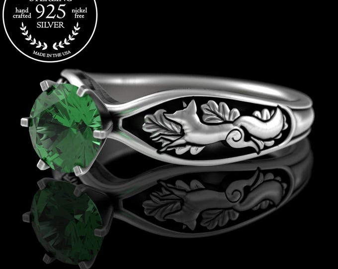 Emerald & Sterling Bridal Fox Engagement Ring, Woman's Forest Wedding Ring, Fox Spirit Animal Marriage, Twin Flame Foxes Nature Ring, 3150