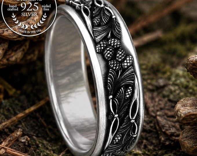 Men's Mountain Forest Ring in Sterling, Silver Pinecone Wedding Band For Groom, Rocky Mountain Tree Ring, Evergreen Pineneedle Jewelry, 2060