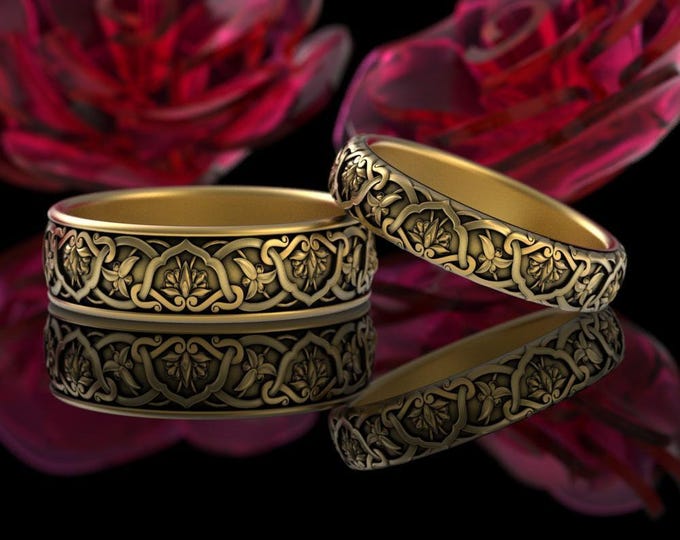 10K Matching His Hers Intricate Wedding Ring Set, 14K Gold Art Nouveau Wedding Bands, White Gold Floral Wedding Set, Platinum, 5029 1903