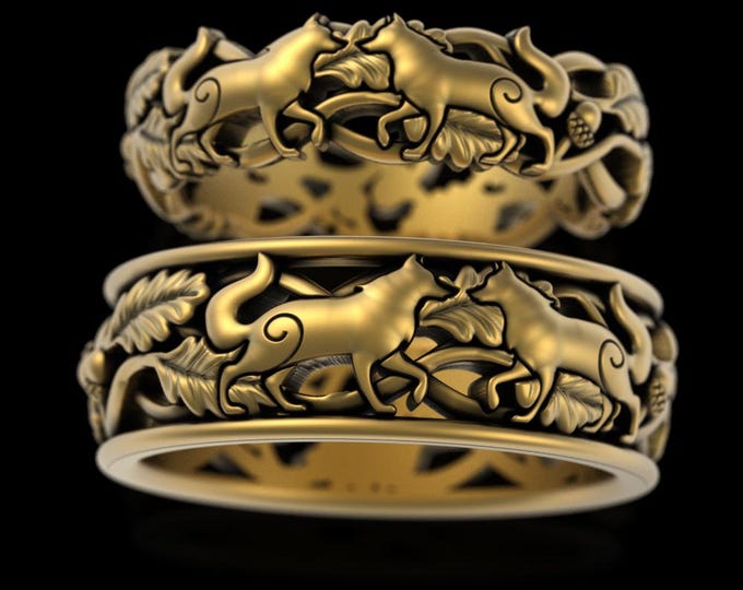 Soulmate Matching Gold Wedding Bands, His Hers Wolf Forest Rings, 10K 14K 18K Gold Husky Set, Platinum Nature Wedding Ring Set, 5906 5911