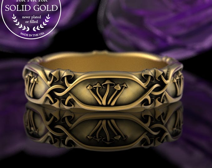 Gold or Platinum Woman's Sacred Mushroom Wedding Band, 14K Magic Mushrooms Jewelry, 18K Gold Pagan Plant Medicine Ring, 2078