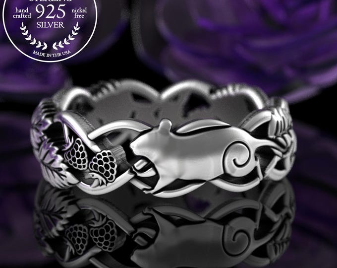 Adorable Sterling Mouse Ring, Silver Berry Ring, Sterling Blackberry Mousey Ring, Rodent Nature Ring, Field Mouse & Raspberries Ring, 5558