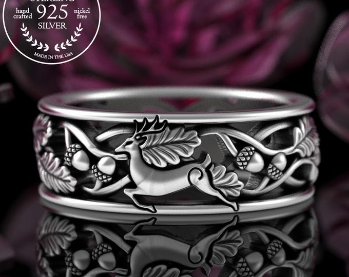 Sterling Forest Buck Deer Ring, Silver Men's Hunting Wedding Band, Deer Antler Jewelry, Groom's Nature Marriage Band, Stag Heraldry, 5511