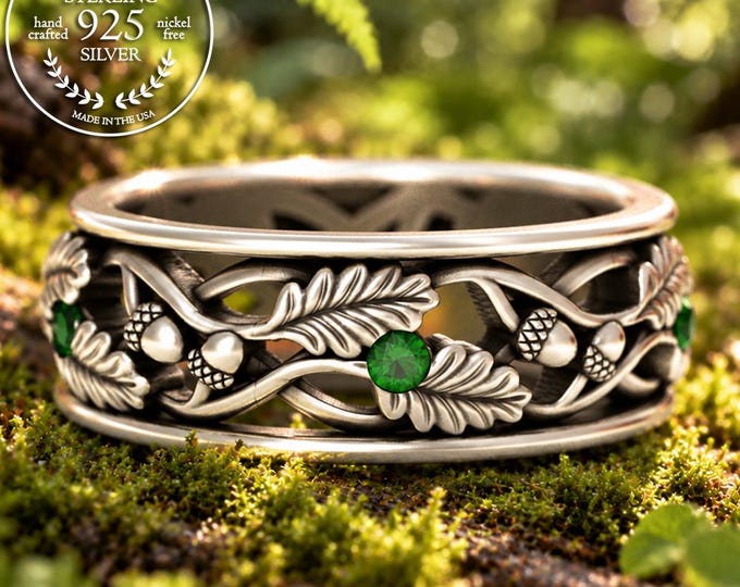 Emerald Forest Oak Ring, Sterling Men Nature Wedding Band, Silver Emerald Leaves Marriage Vow, Botanical Groom Ring, Silver Anniversary,5043