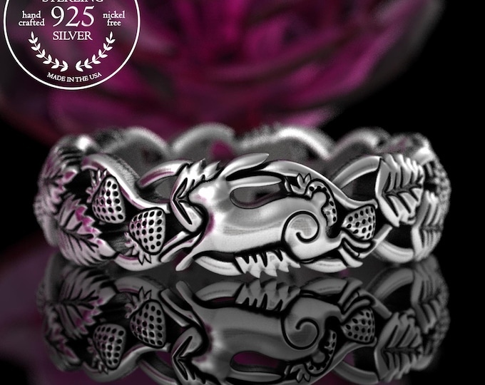 Bunny Rabbit & Strawberry Ring, Sterling Honey Bunny Ring, Rabbit Spirit Animal, Silver Bunny Jewelry, Womens Bunny Wedding Band, 5410