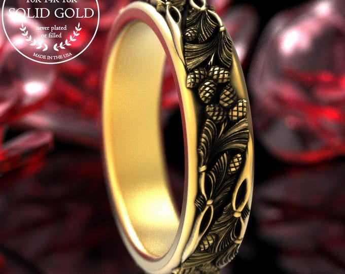 Gold 5mm Woman's Pinecone Forest Wedding Band, 14K White Gold Nature Marriage Ring, 18K Nature Anniversary Ring, Platinum Bristlecone, 2059