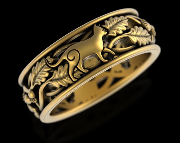 10K 14K Gold Cat & Forest Leaves Ring, White Gold Mens Animal Wedding Band, Kitty Jewelry, Kitty Cat Wedding Ring, Platinum Feline Ring 5552