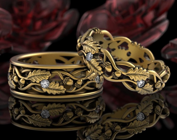 Bride & Groom Autumn Fall Harvest Wedding Bands, Gold Moissanite Acorn Oak Leaves Ring Set, 18K Forest Matching Anniversary Rings, 5042 5043
