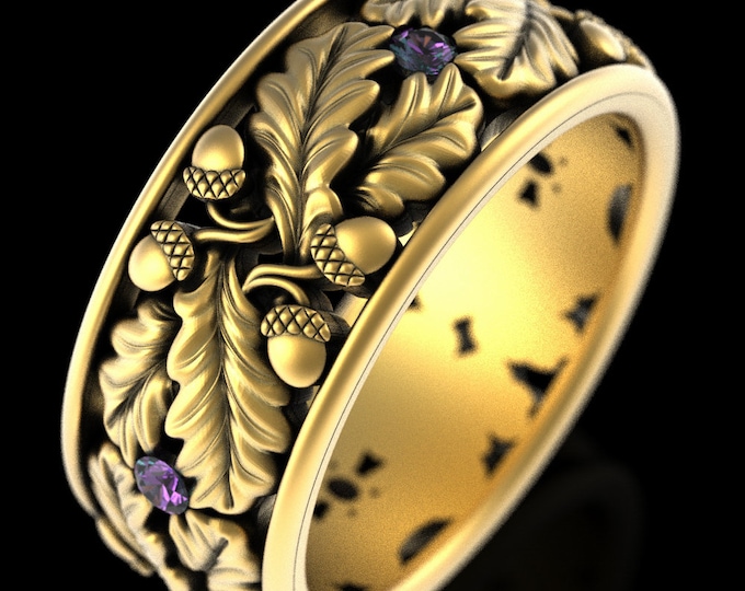 Leaf Wedding Band, Gold Alexandrite Wedding Ring, White Gold Alexandrite Ring, Oak Tree Ring, Nature Ring, Forest Wedding Ring, 1611