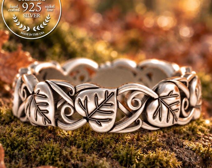 Sterling Woman's Aspen Leaves Wedding Band, Birch Leaf Wedding Ring, Silver Handmade Botanical Ring, Bridal Forest Jewelry, 5566