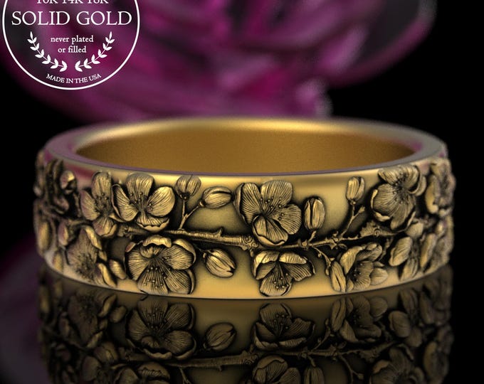 Solid Gold Cherry Blossom Ring, Woman's Sakura Wedding Band, Japanese Flower Jewelry, 18K Bridal Flower Bud Anniversary Ring, 5224