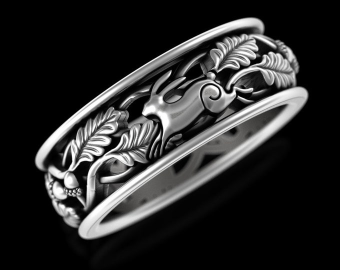 Mens Rabbit Sterling Wedding Band, Silver Year of the Rabbit Ring, Forest Handfasting Wedding Ring, Bunny Ring, 925 Groom Nature Ring, 5553