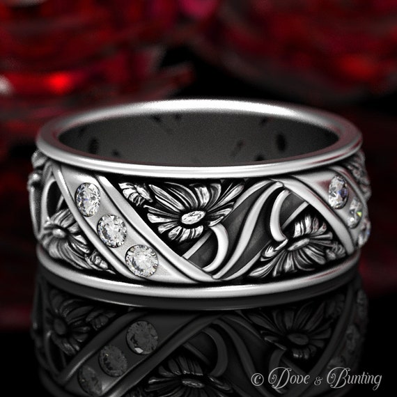 Daisy Wedding Band Moissanite Sterling Flower Wedding Ring Art Nouveau Wedding Band Nature Inspired Ring Floral Wedding Ring 1517 Etsy