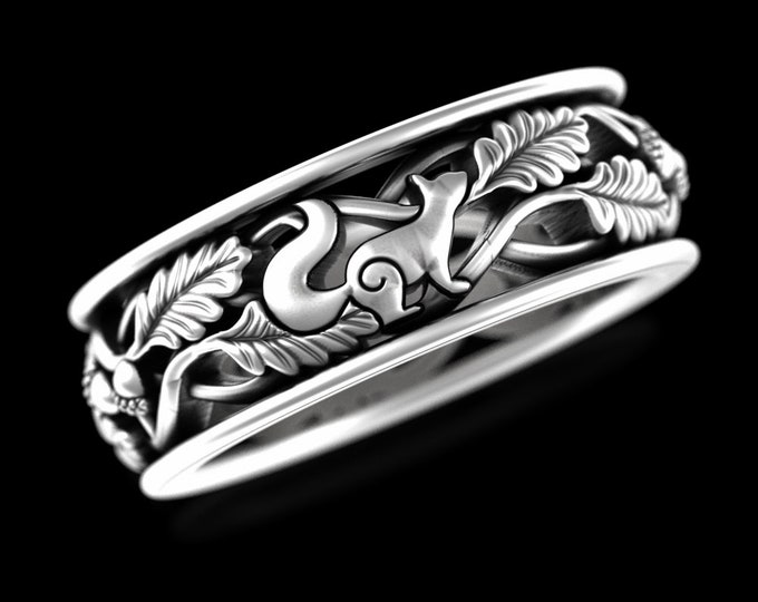 Mens Squirrel & Acorn Wedding Band, Groom Oak Leaf Tree Wedding Ring, Sterling Silver Squirrel Jewelry, Forest Nature Wedding Ring, 5547