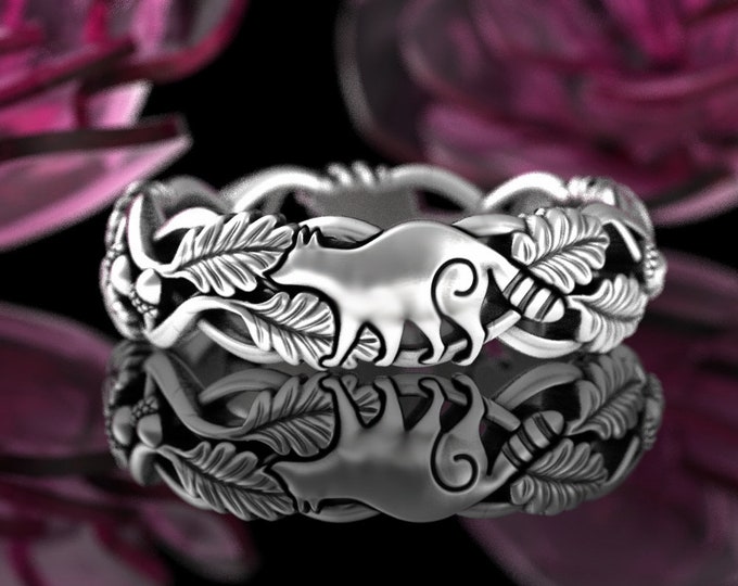 Forest Raccoon Ring, Sterling Silver Raccoon Wedding Band, Nature Animal Ring, Oak Leaf Forest Ring, Silver Nature Inspired Wedding, 5539