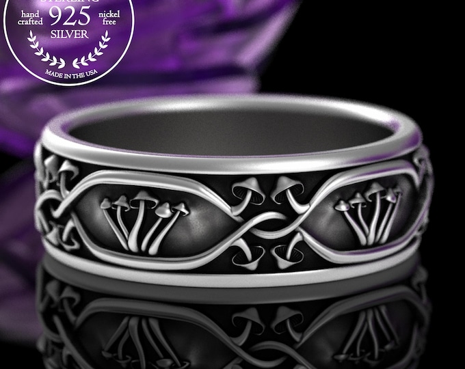 Men's Mushroom Ring in Sterling Silver, Silver Plant Medicine Ring, Groom's Botanical Wedding Band, Psychedelic Trippy Shroom Jewelry, 2079