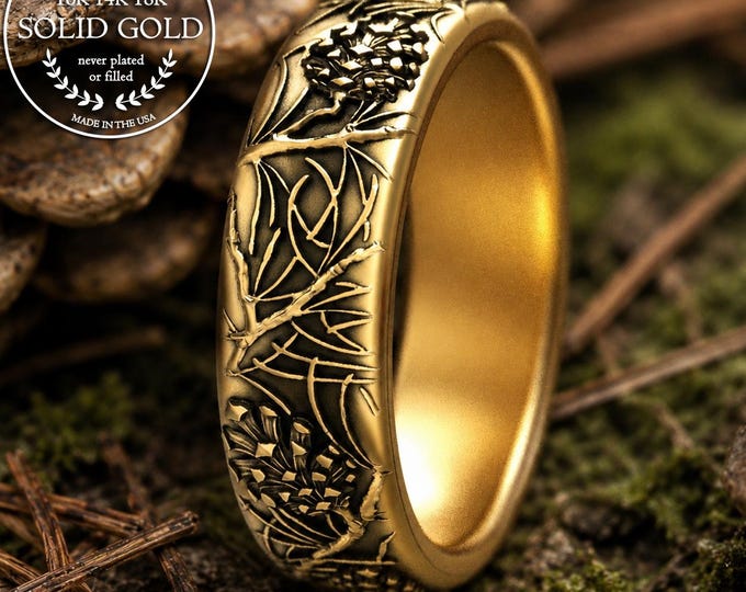 Gold Mountain Forest Wedding Band for Groom, Platinum Men's Pinecone Ring, 18K Spruce Evergreen Tree Branches Ring, 14K Pine Needle, 2062