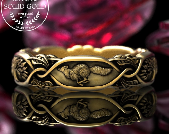 10K Gold Sprinting Fox Wedding Band, Women's Vixen Wedding Ring, 14K White Gold Botanical Tree Ring, Platinum Fox Kit Forest Ring, 2038