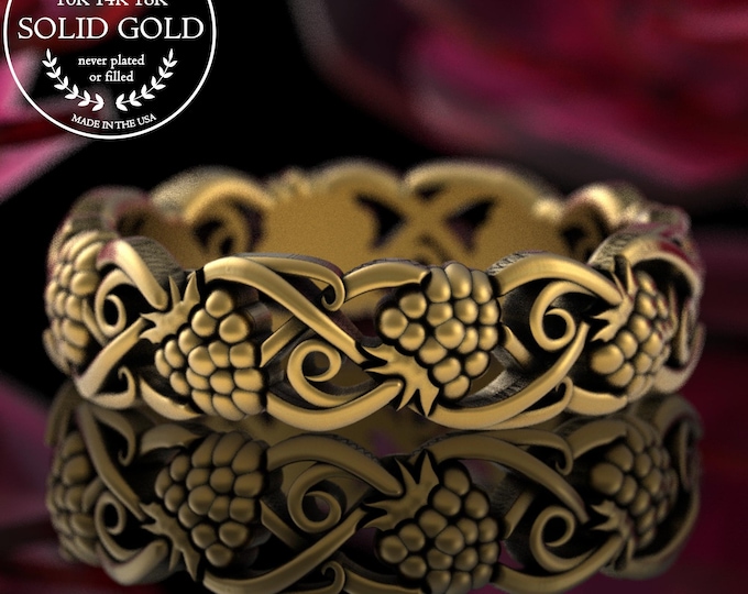 14K Golden Raspberries Art Nouveau Ring, Platinum Nature Berry Bush Wedding Band, 10K Gold Fruit Ring, 18K Botanical Inspired Jewelry, 5706