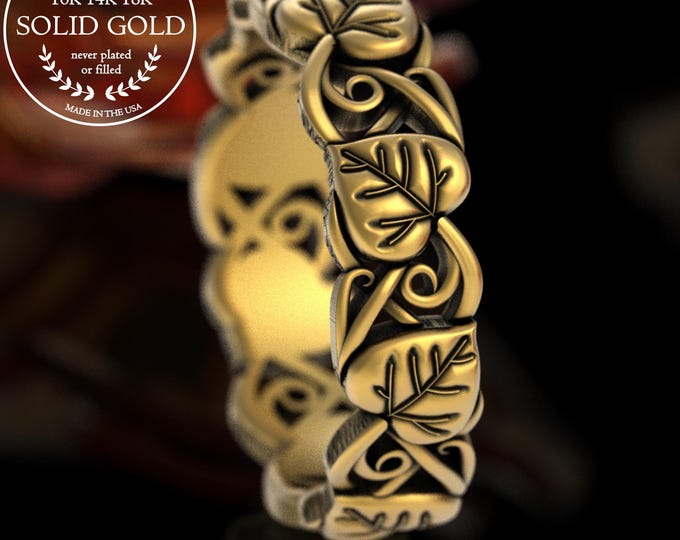 Gold Woman's Aspen Wedding Band, 14K White Gold Forest Leaves Ring, Botanical Anniversary Jewelry, 5566