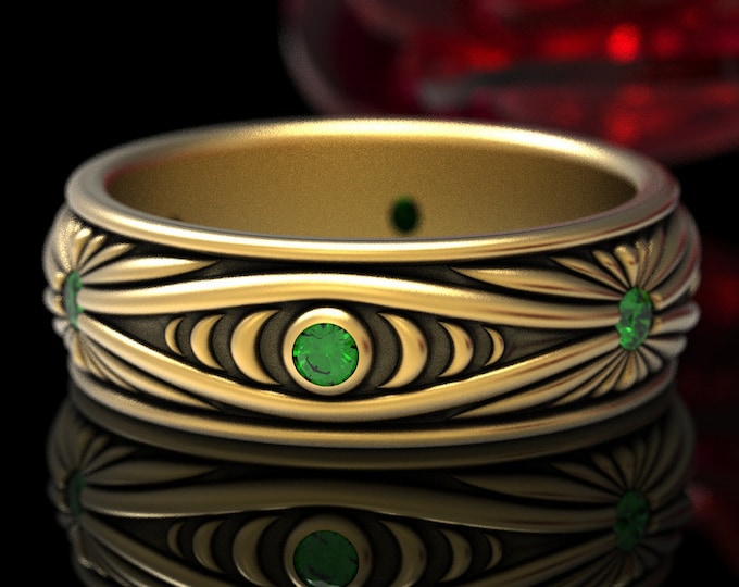 Gold & Emerald Wedding Band, Moon Phase Ring, Gold Men Wedding Ring, Gold Nouveau Wedding Ring, Moon Wedding Ring, Emerald Moon Ring, 1539