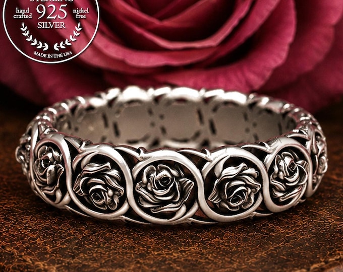Sterling Rose Wedding Ring, Art Nouveau Flower Ring, Silver Rose Petal Ring, Wild Rose Wedding Band, Womans Floral Ring, June Flower, 1573