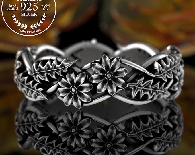 Wild Daisy Flower Wedding Ring, Sterling Silver Daisy Botanical Ring, Womens Art Nouveau Floral Ring, 925 Bridal Simple Nature Ring, 5406