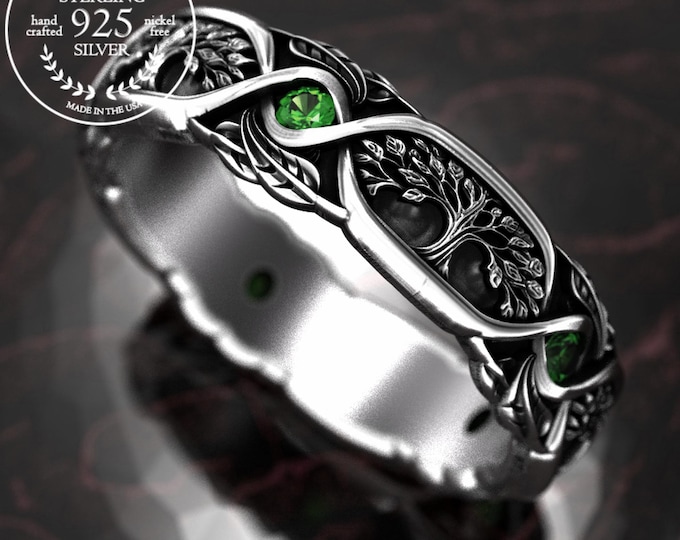 Emerald & Sterling Forest Bride Wedding Ring, Silver Women's Tree of Life Band, Woven Botanical Marriage Ring, Black Poplar Tree Leaves,2003