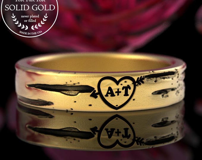 Woman's Gold Tree Carved Initials Ring, 14K White Gold Birch Bark Wedding Band, 10K Forest Lovers Ring, Romantic Anniversary Jewelry, 5220