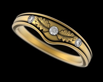 10K Gold Stacking Moissanite Oak Leaves Wedding Band, Bridal Fitted Stacker, 14K White Gold Accent Forest Wedding, Contoured Guard Ring 5014