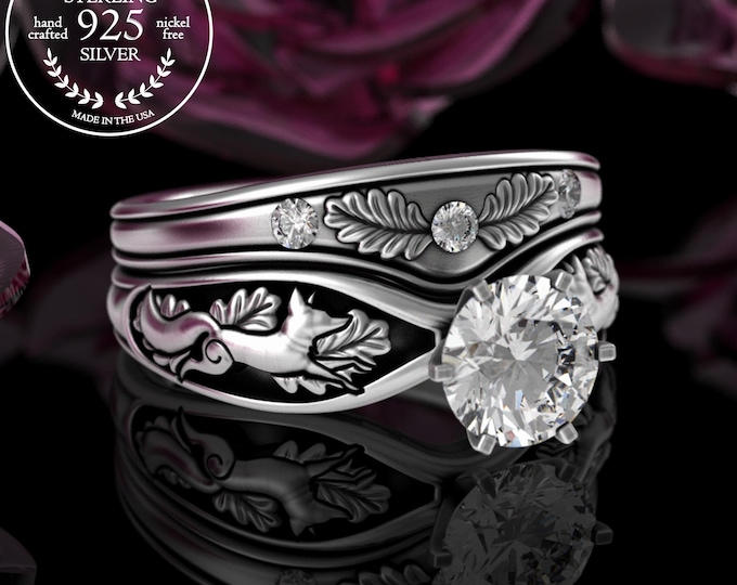 Matching Fox Bridal Engagement Ring Set, Sterling Foxes & Moissanite Solitaire Wedding Ring, Stacking Forest Nature Oak Leaf Ring, 3150 5014