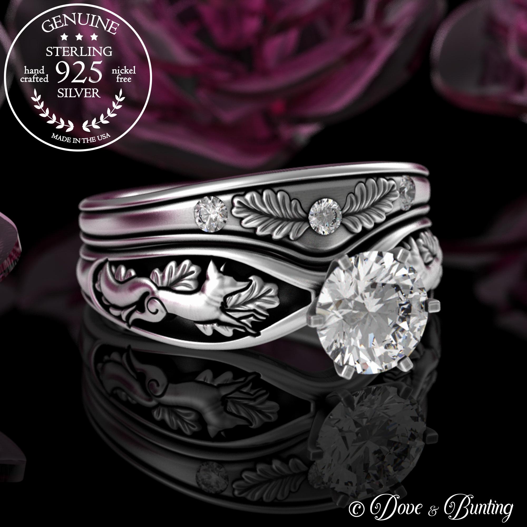 Matching Fox Bridal Engagement Ring Set, Sterling Foxes & Moissanite Solitaire Wedding Ring, Stacking Forest Nature Oak Leaf Ring, 3150 5014