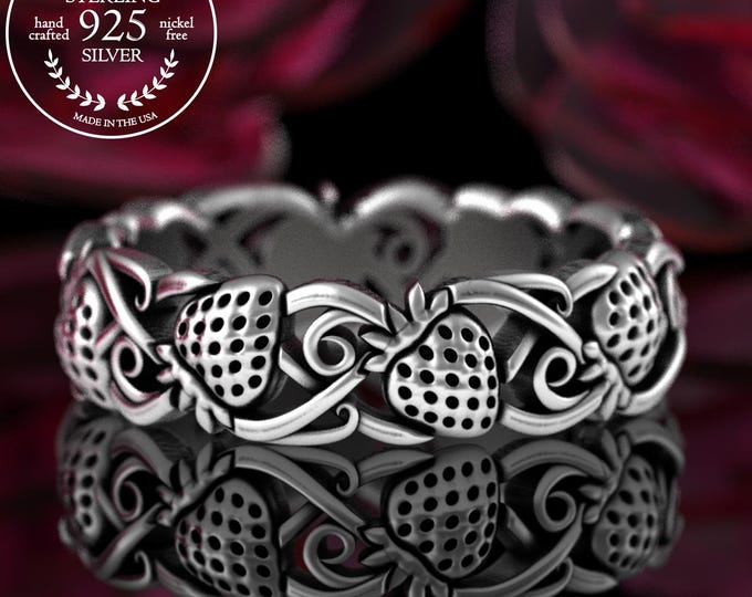 Sterling Strawberry Fields Ring, Fruit Wedding Band, Wild Strawberries, Vegan Partner, Silver Botanical Jewelry, Gatherer Forager Ring, 5701