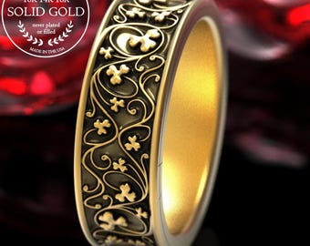 Alianza de oro con trébol de tres hojas, anillo de trébol Art Nouveau, anillo tradicional irlandés de 10 quilates, anillo escocés de 14 quilates, anillo de trébol de platino, 2018