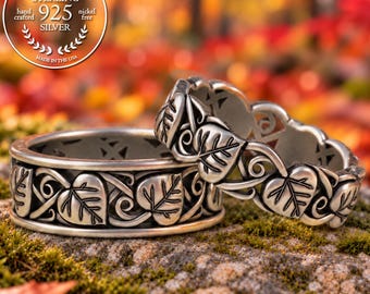 Matching Sterling Aspen Leaves Wedding Band Set, Silver His & Hers Forest Rings, 5566 5568