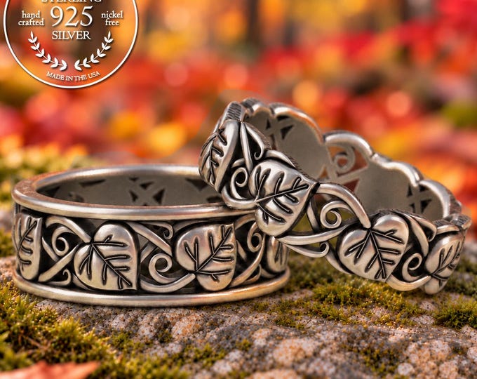 Matching Sterling Aspen Leaves Wedding Band Set, Silver His & Hers Forest Rings, 5566 5568