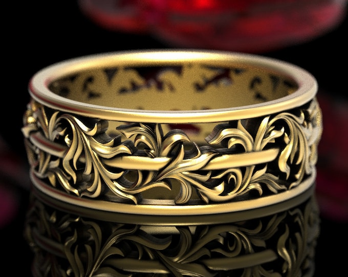 Art Nouveau Leaf Ring, Gold or Platinum Leaf Ring, Nature Wedding Ring, Floral Wedding Band, Vintage Inspired Ring, Woman Wedding Ring, 1550