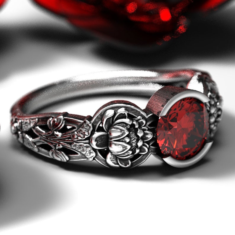 Waterlily Wedding Ring Lotus Ruby Ring DB177-R1A Sterling Silver Art Nouveau Ring Ruby Ring with Lotus Floral Engagement Ring