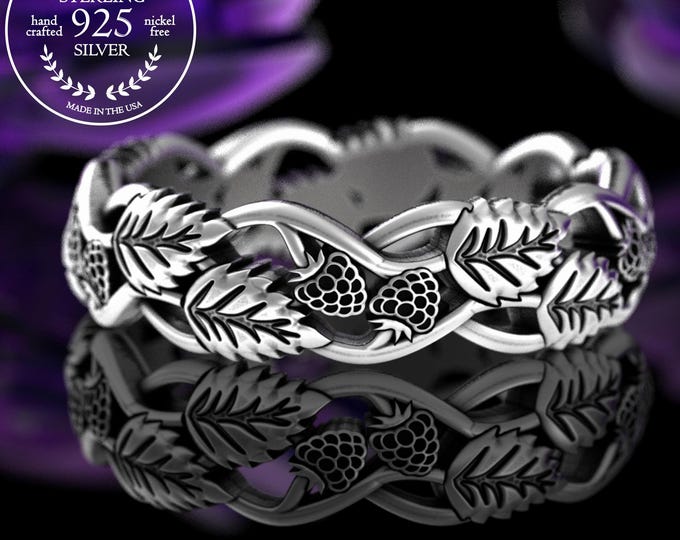 Blackberry Botanical Ring, Sterling Forest Berry Wedding Band, Silver Raspberry Leaves Ring, Fruit Jewelry, Nature Witch Vegan Wedding, 5102
