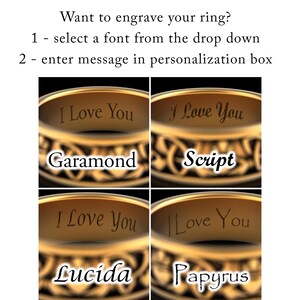 four rings with personalized messages engraved on them.