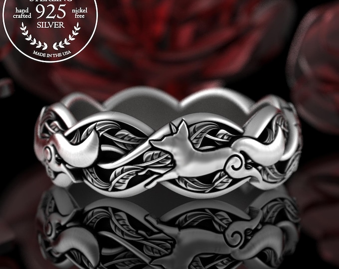 Sterling Foxes & Woven Leaves Ring, Womens Silver Fox Nature Wedding Ring, Handmade Botanical Wedding Band, Fox Spirit Animal Jewelry, 5048
