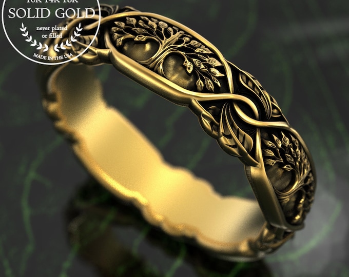 Gold Forest Wedding Band, 10K 14K 18K Bridal Botanical Forest Ring, White Gold Tree of Life Handfasting, Womens Leaves Nature Ring, 2001
