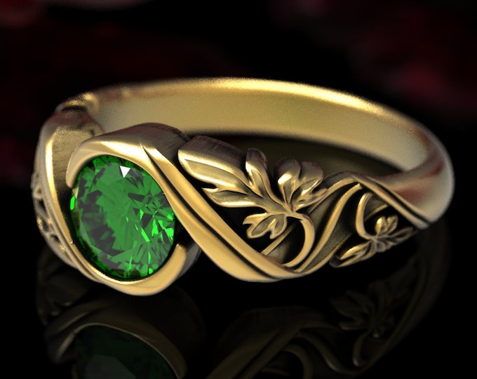 Botanical Engagement Ring, Nature Engagement Ring, Emerald & Gold Wedding Ring, Gold Art Nouveau Ring, Art Nouveau Wedding Ring, 1513