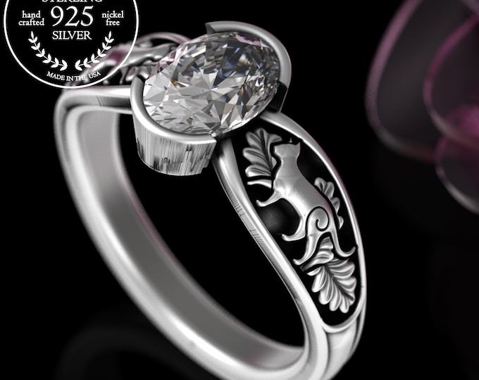 Oval Kitten Proposal Ring in Sterling, Silver Bezel Set Cat Soulmates Engagement Ring, Nature Inspired Moissanite Feline Marriage Ring, 5058