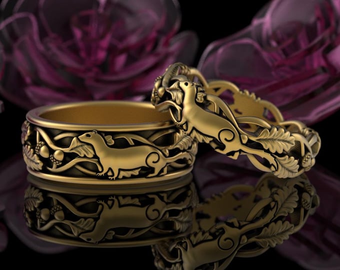 Gold Ferret His Hers Wedding Rings, Ferret Matching 10K 14K Handfasting, Platinum Polecat Mink Totem Spirit Animal, 5520 5523