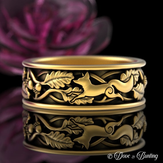 10K Gold Mens Fox Wedding Ring, 14K 18K Forest Woodland Wedding
