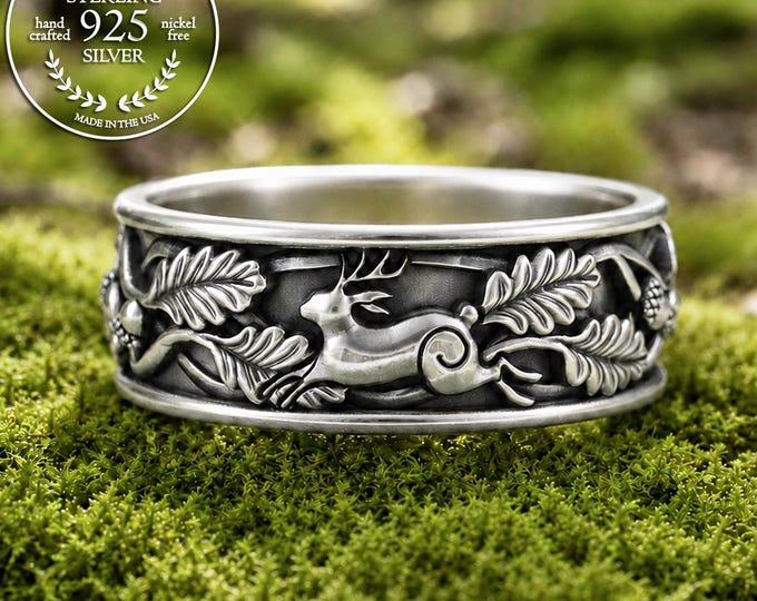 Grooms Silver Jackalope Ring, Sterling Antler Bunny Ring, Forest Rabbit Wedding Ring, Jackalope Jewelry, Forest & Hare Wedding Band, 5555